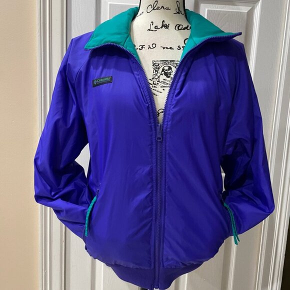 ICONIC 80’s RETRO BOMBER JACKET COLUMBIA REVERSIBLE DISCO PURPLE/TEAL Sz S - Picture 5 of 16